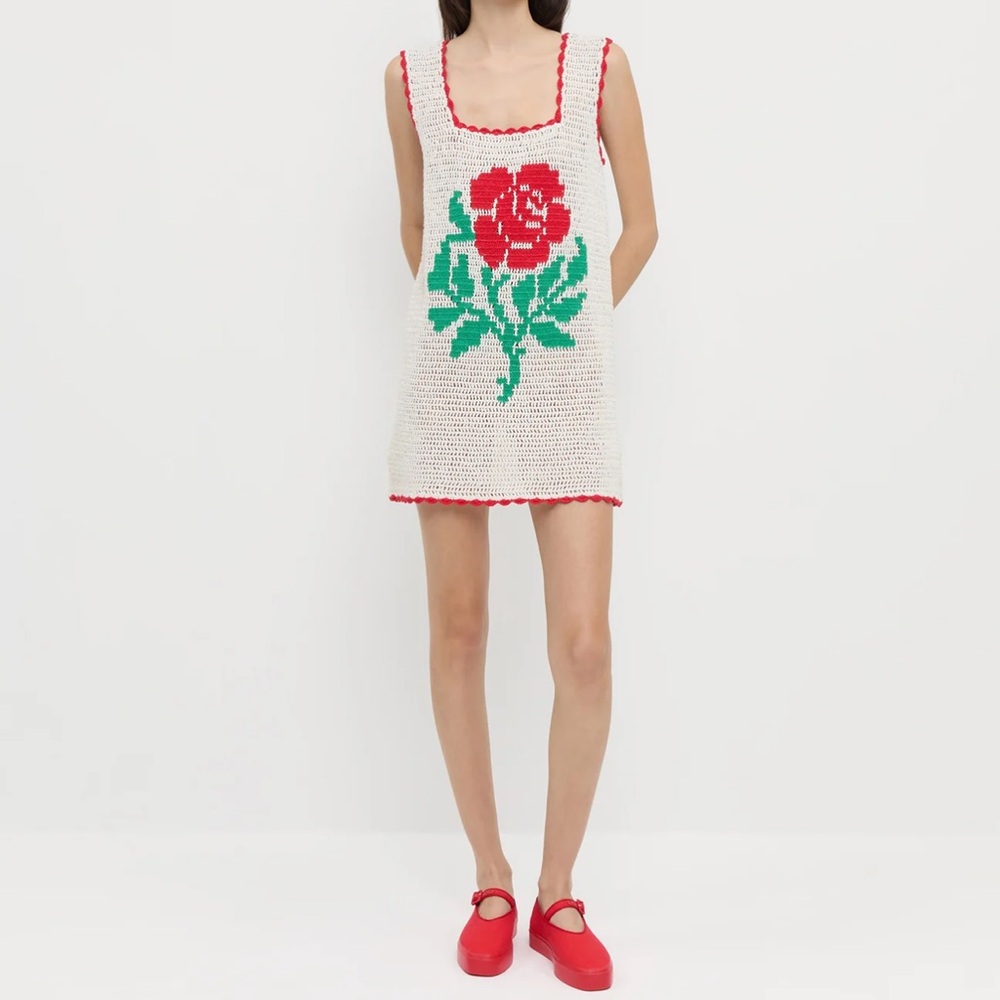 Loeffler Randall Helena Dress Crochet Red and Green Floral